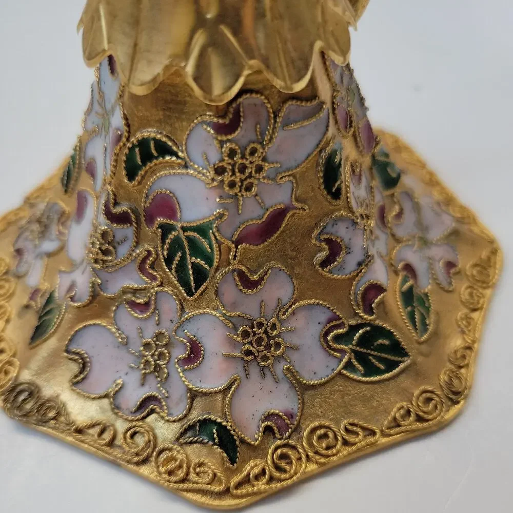 Vintage Tulip Shaped Brass Bell Champleve Cloisonne Ornament Floral Dogwood